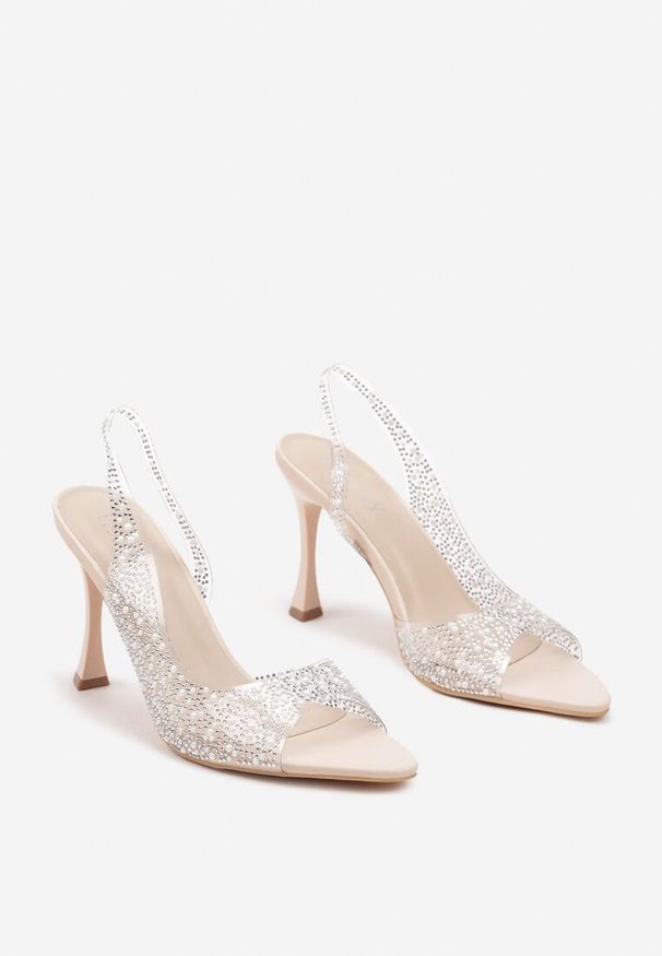 Born2be - Beżowe Transparentne Sandały na Szpilce Zdobione Cyrkoniami i Perełkami Risaemi. Kolor: beżowy. Materiał: materiał. Wzór: aplikacja. Sezon: wiosna, lato. Obcas: na szpilce. Styl: elegancki, wizytowy. Wysokość obcasa: średni