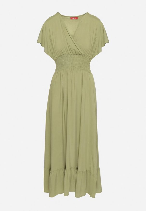 Born2be - Zielona Wiskozowa Kopertowa Sukienka o Rozkloszowanym Kroju Nellrive. Okazja: na co dzień. Typ kołnierza: dekolt w serek. Kolor: zielony. Materiał: wiskoza. Długość rękawa: krótki rękaw. Typ sukienki: kopertowe. Styl: casual, elegancki