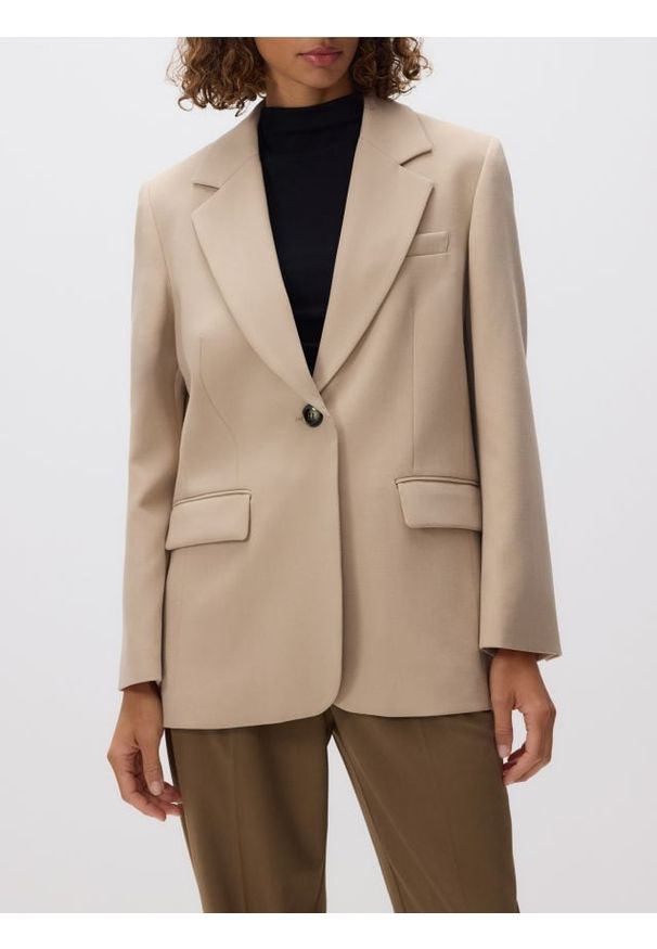Reserved - Jednorzędowa marynarka - beżowy. Kolor: beżowy. Materiał: tkanina, wiskoza