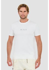 Guess - GUESS Biały męski t-shirt bawełniany z haftowanym logo, Rozmiar L. Kolor: biały. Materiał: bawełna. Wzór: haft