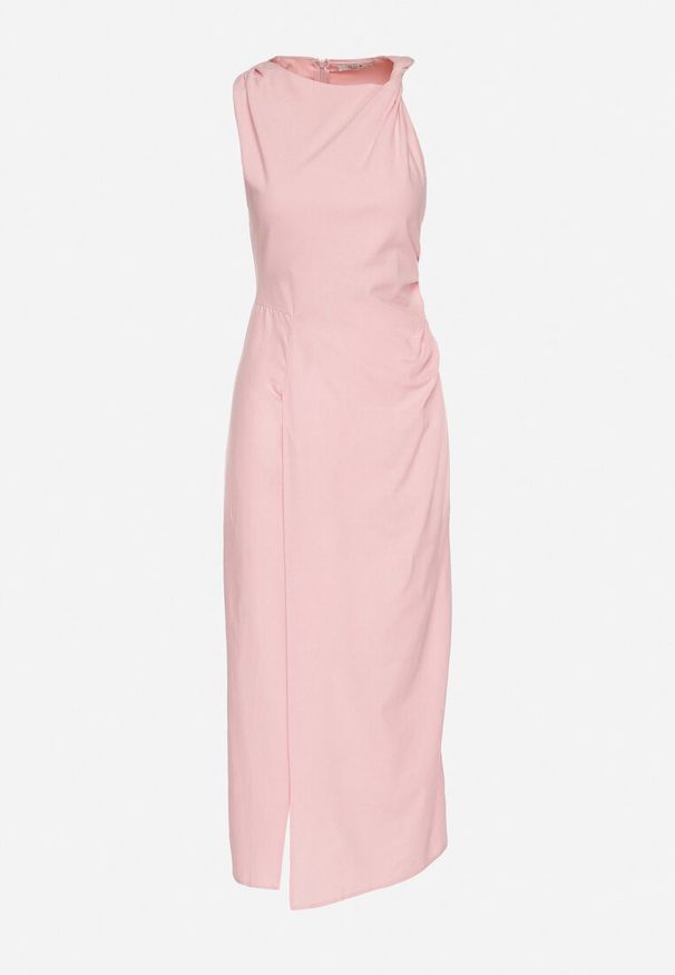 Born2be - Różowa Sukienka Dopasowana z Bawełną i Wiskozą z Rozcięciem Turilia. Okazja: na co dzień. Kolor: różowy. Materiał: bawełna, wiskoza. Typ sukienki: dopasowane. Styl: casual, elegancki, klasyczny. Długość: midi