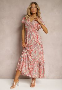 Renee - Czerwona Sukienka Boho z Metaliczną Nicią Kopertowym Dekoltem i Gumką w Talii Dilaria. Kolor: czerwony. Materiał: tkanina. Sezon: lato. Typ sukienki: kopertowe. Styl: boho