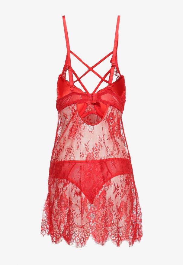 Born2be - Czerwona Koronkowa Koszula Nocna ze Stringami Glauria. Kolor: czerwony. Materiał: koronka. Wzór: paski, koronka