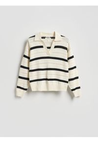 Reserved - Sweter polo z lnem - złamana biel. Typ kołnierza: polo. Materiał: len #1