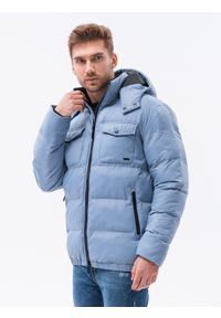 Ombre Clothing - Kurtka męska zimowa z kapturem - błękitna V8 C518 - XXL. Okazja: na co dzień. Typ kołnierza: kaptur. Kolor: niebieski. Materiał: poliester, nylon. Sezon: zima. Styl: casual #5