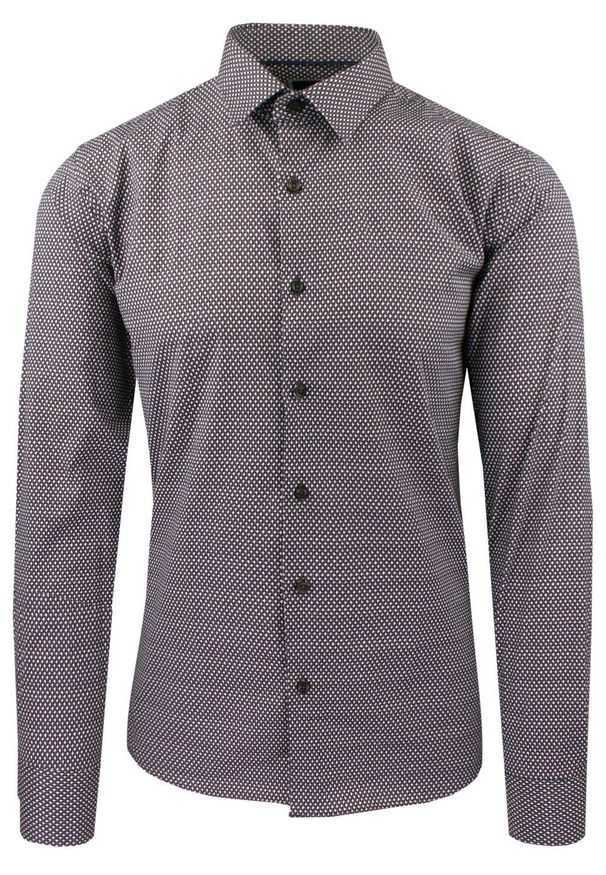 Taliowana Koszula Męska - Victorio - Drobny Wzór, Brązowa. Kolor: brązowy, beżowy, wielokolorowy. Materiał: elastan, bawełna. Styl: elegancki