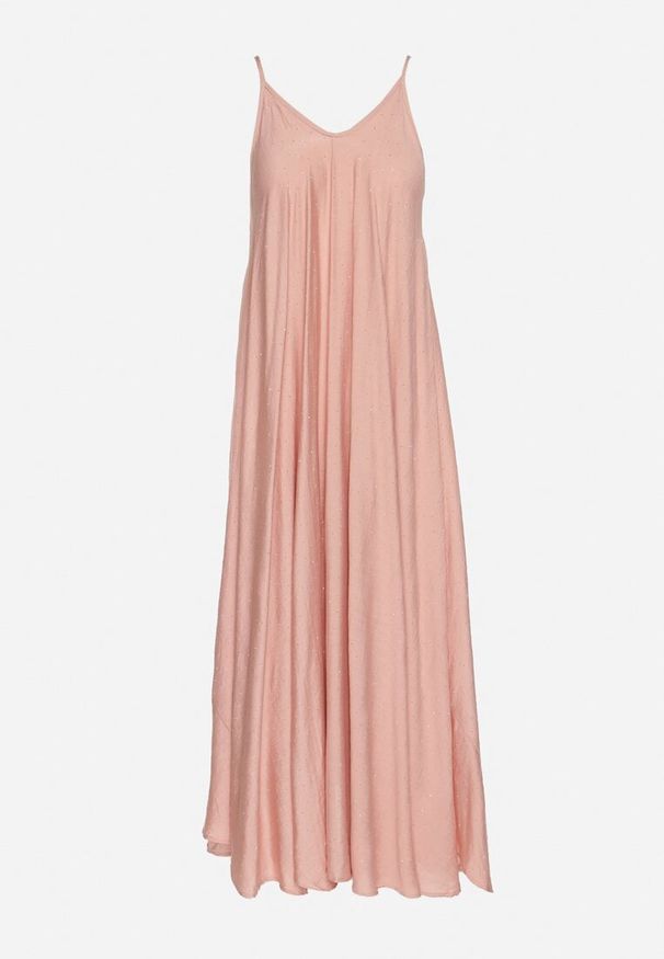 Born2be - Różowa Rozkloszowana Sukienka z Wiskozy z Cyrkoniami Ellitana. Okazja: na co dzień. Kolor: różowy. Materiał: wiskoza. Sezon: lato. Styl: klasyczny, casual, elegancki