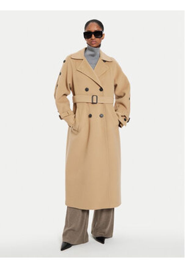 Weekend Max Mara Płaszcz wełniany Natale 2425016021 Beżowy Regular Fit. Kolor: beżowy. Materiał: wełna
