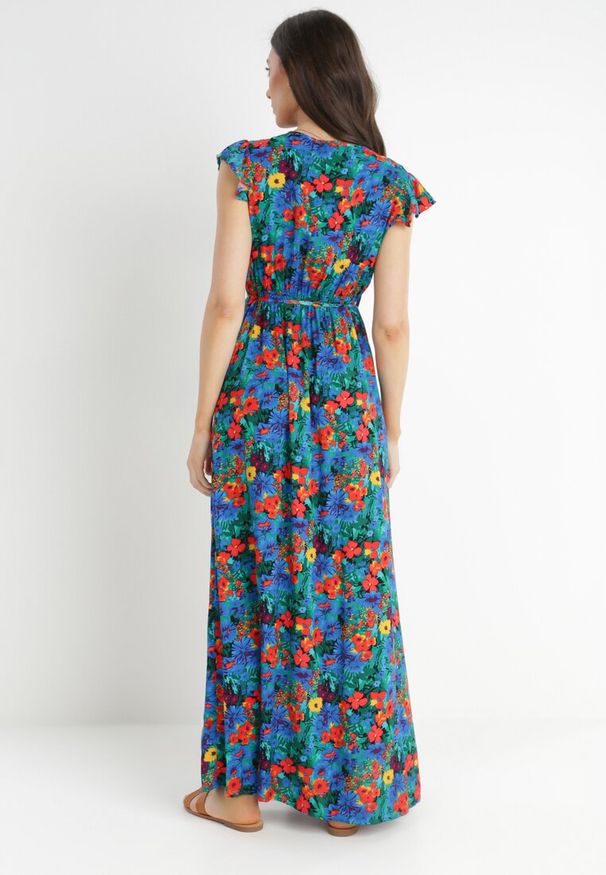 Born2be - Niebieska Sukienka Oceshi. Typ kołnierza: kokarda, kołnierz z falbankami. Kolor: niebieski. Materiał: materiał. Wzór: kwiaty. Typ sukienki: kopertowe. Długość: maxi