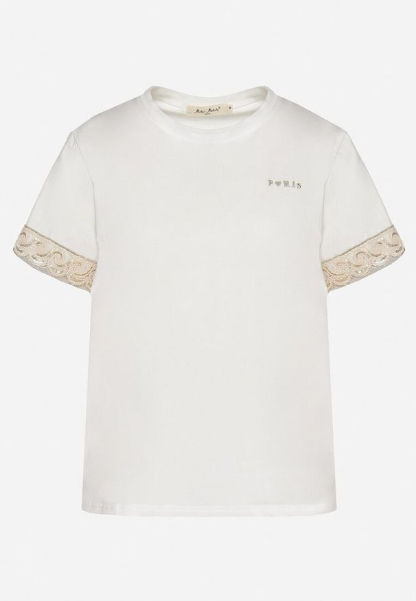 Born2be - Biały T-shirt z Bawełny Zdobiony Koronką z Cekinami Pollea. Okazja: na co dzień. Kolor: biały. Materiał: bawełna, koronka. Długość rękawa: krótki rękaw. Długość: krótkie. Wzór: aplikacja, koronka. Styl: klasyczny, casual