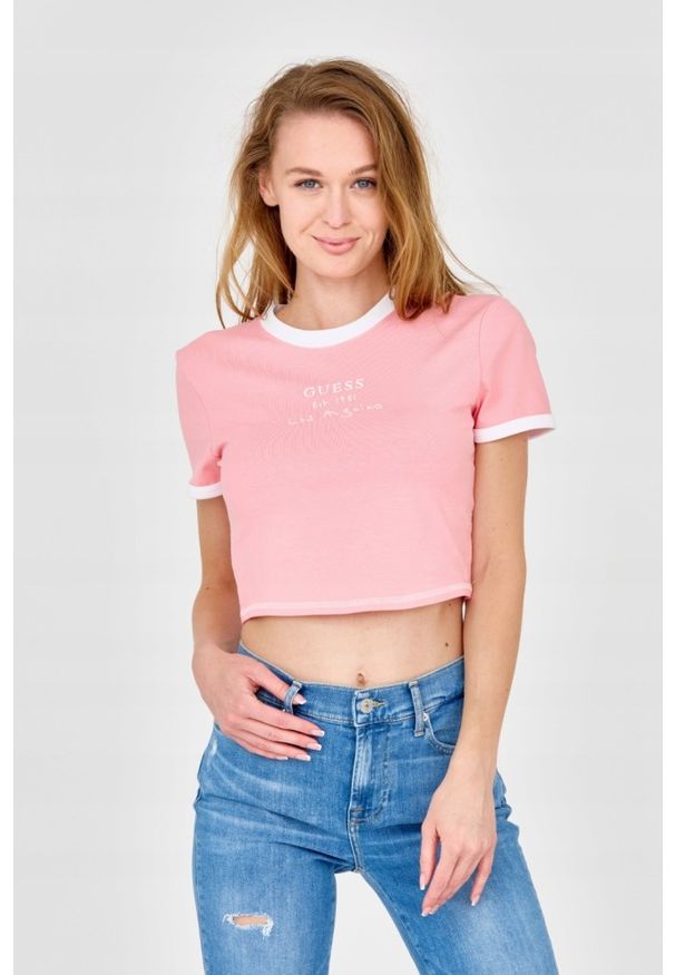 Guess - GUESS Różowy damski crop top, Rozmiar L. Kolor: różowy. Materiał: bawełna. Długość: krótkie
