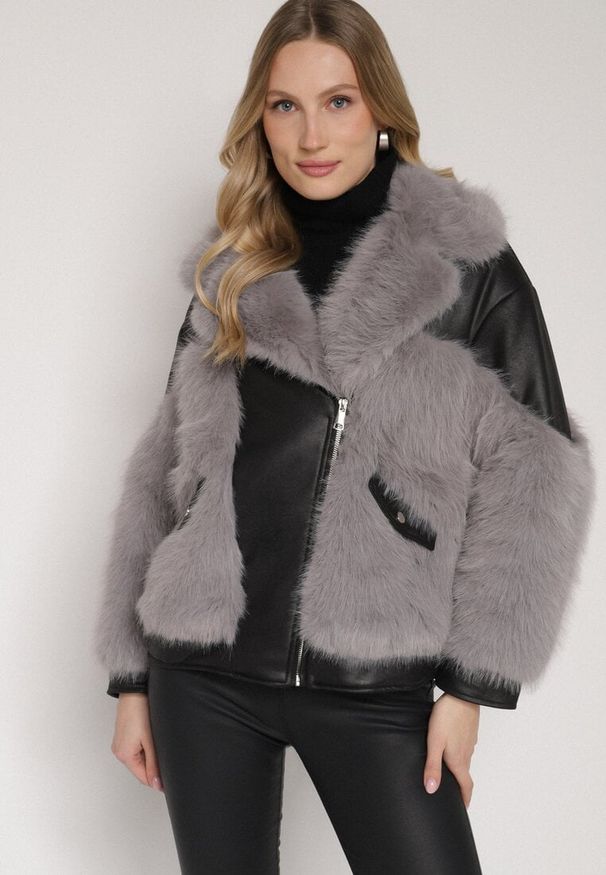 Born2be - Szara Kurtka Ramoneska z Futrzanymi Wstawkami Seore. Okazja: na co dzień. Kolor: szary. Materiał: futro. Styl: klasyczny, casual, elegancki