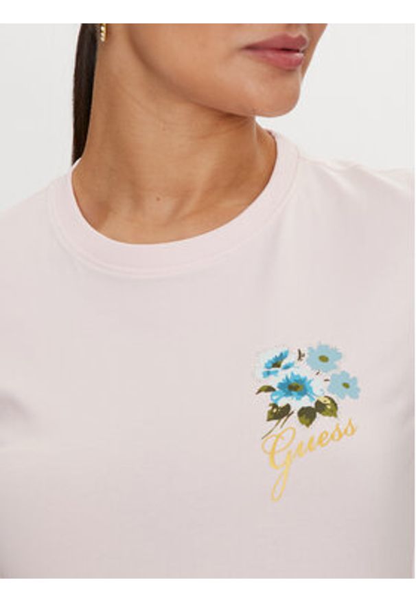 Guess T-Shirt Flowers W4YI30 J1314 Różowy Slim Fit. Kolor: różowy. Materiał: bawełna