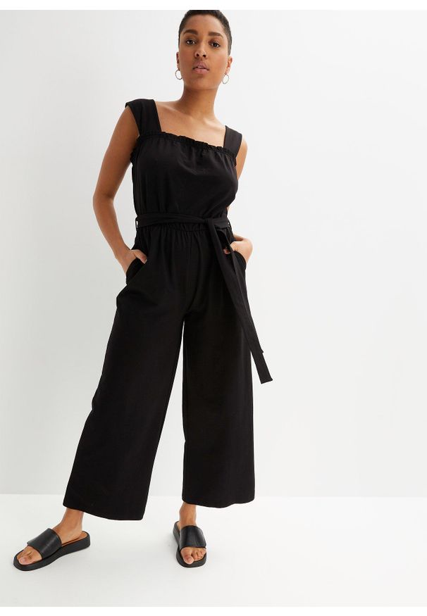 bonprix - Kombinezon z dżerseju z mieszanki bawełny. Kolor: czarny. Materiał: jersey, bawełna. Długość rękawa: na ramiączkach