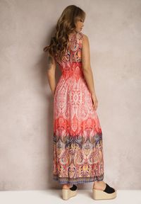 Renee - Pomarańczowa Sukienka z Mozaikowym Wzorem Boho Gumką w Pasie i Sznurkami na Ramionach Ainervea. Kolor: pomarańczowy. Materiał: tkanina. Sezon: lato. Styl: boho