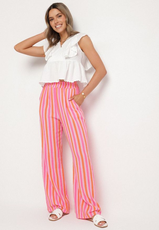 Born2be - Pomarańczowe Muślinowe Szerokie Spodnie z Bawełny w Paski z Wysokim Stanem Mavelinee. Stan: podwyższony. Kolor: pomarańczowy. Materiał: bawełna. Wzór: paski. Sezon: wiosna, lato