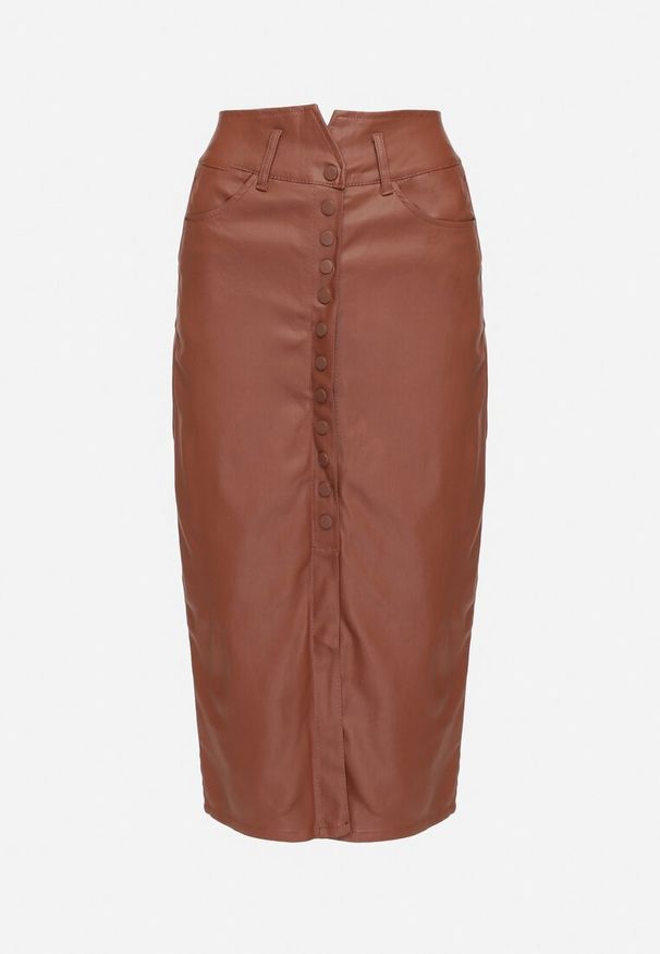 Born2be - Jasnobrązowa Spódnica z Imitacji Skóry z Ozdobną Talią Zapinana na Napy z Przodu Meale. Okazja: na co dzień. Stan: podwyższony. Kolor: brązowy. Materiał: skóra. Styl: casual