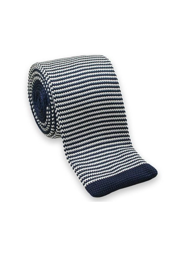 Pleciony, Dziergany Krawat Męski Knit w Cienkie Paski- Chattier, Biało-Granatowy. Kolor: niebieski. Materiał: poliester. Wzór: prążki, paski. Styl: sportowy