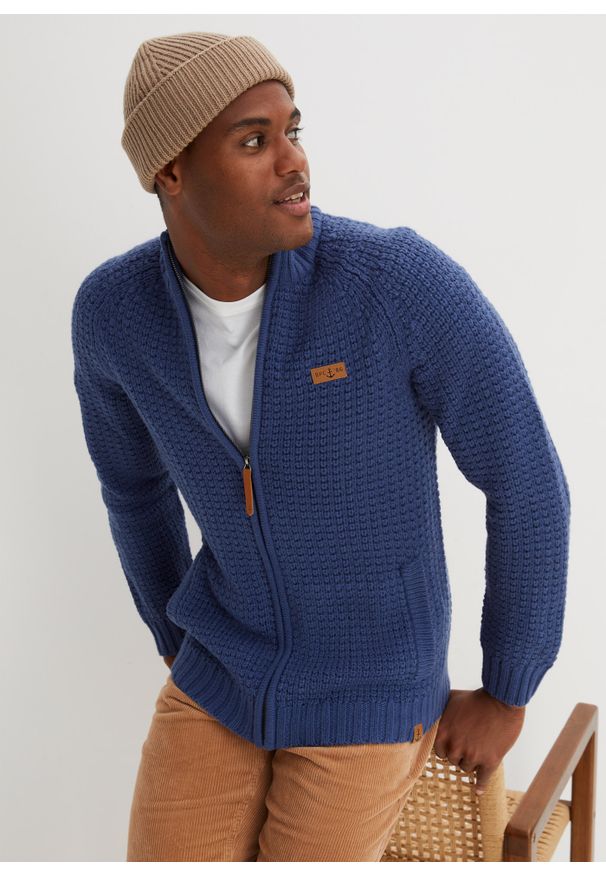 bonprix - Sweter rozpinany. Kolor: niebieski. Materiał: skóra. Długość rękawa: raglanowy rękaw