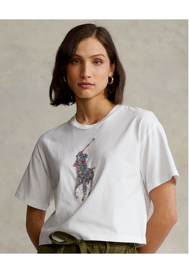 RALPH LAUREN - Krótki t-shirt damski Polo Ralph Lauren. Typ kołnierza: polo. Kolor: biały. Materiał: dzianina. Długość: krótkie. Wzór: kolorowy