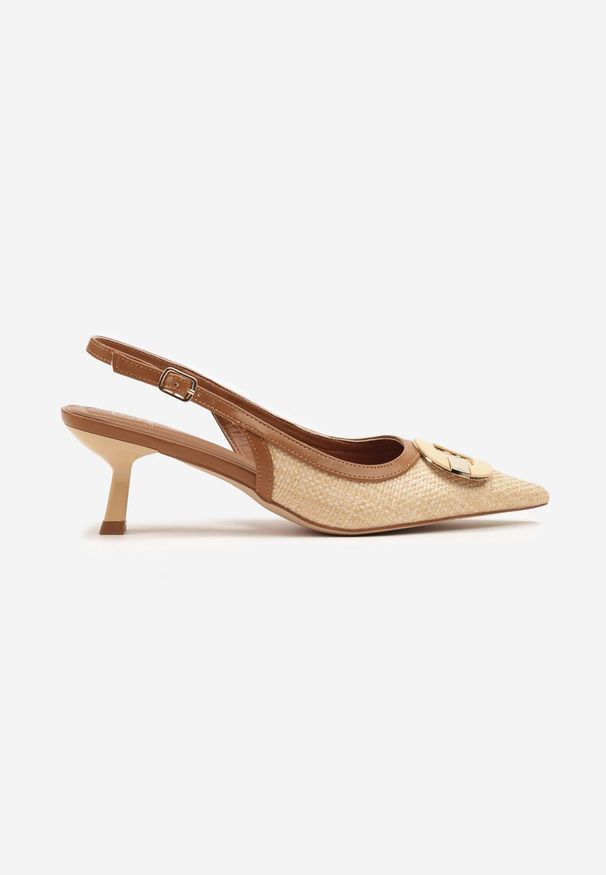 Renee - Beżowe Sandały Czółenka Sling Back z Geometryczną Ozdobą Arvania. Okazja: na co dzień. Kolor: beżowy. Wzór: aplikacja, geometria. Obcas: na obcasie. Styl: elegancki, casual. Wysokość obcasa: średni