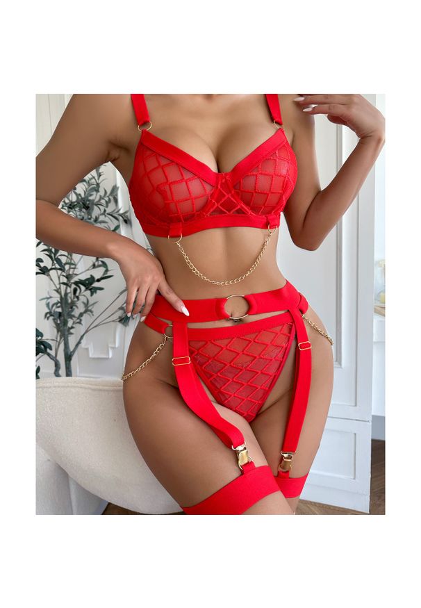 Intica - Komplet bielizny z geometrycznym wzorem i pasem na wieczór Anaelle. Kolor: czerwony. Materiał: materiał. Wzór: geometria