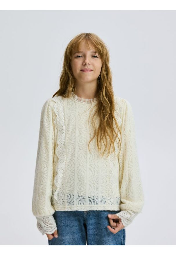 Reserved - Ażurowa bluzka - kremowy. Kolor: kremowy. Materiał: koronka. Wzór: ażurowy