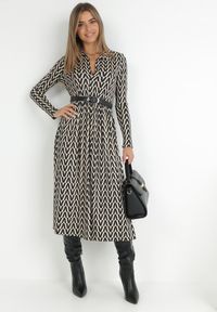 Born2be - Beżowo-Czarna Sukienka w Tygrysie Paski Chalmo. Okazja: na co dzień. Typ kołnierza: dekolt w serek. Kolor: beżowy. Długość rękawa: długi rękaw. Wzór: paski. Typ sukienki: proste. Styl: casual, klasyczny #1