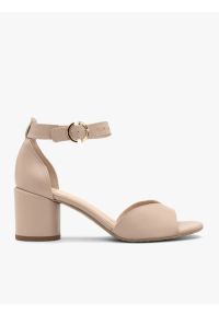 Ryłko - Beżowe sandały damskie na słupku. Kolor: beżowy. Materiał: skóra. Obcas: na słupku. Styl: street. Wysokość obcasa: średni