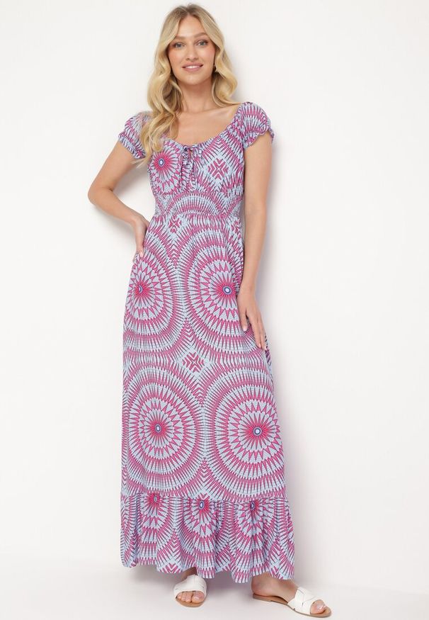 Born2be - Niebiesko-Różowa Wiskozowa Sukienka o Rozkloszowanym Kroju z Wiązaniem przy Dekolcie i Gumką w Talii Wicia. Okazja: na co dzień, na spacer, na imprezę. Kolor: niebieski. Materiał: wiskoza. Sezon: lato. Styl: casual, wakacyjny, elegancki