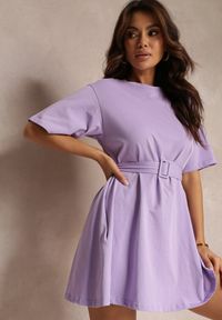 Renee - Fioletowa Rozkloszowana Sukienka Mini z Bawełny z Dodatkowym Paskiem Seibeia. Kolor: fioletowy. Materiał: bawełna. Sezon: lato, wiosna. Długość: mini #3