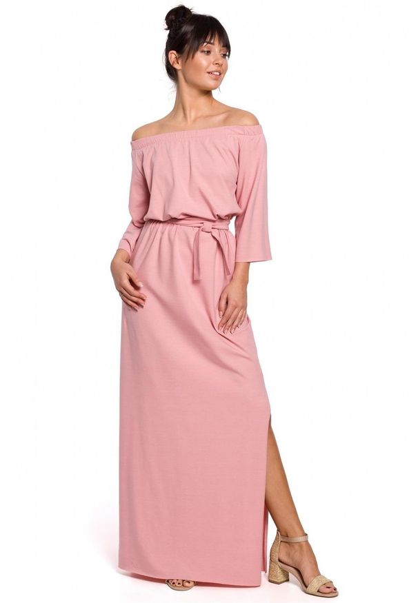 BE - Bawełniana sukienka maxi z odkrytymi ramionami na lato. Okazja: na co dzień. Materiał: bawełna. Sezon: lato. Typ sukienki: z odkrytymi ramionami. Styl: casual. Długość: maxi