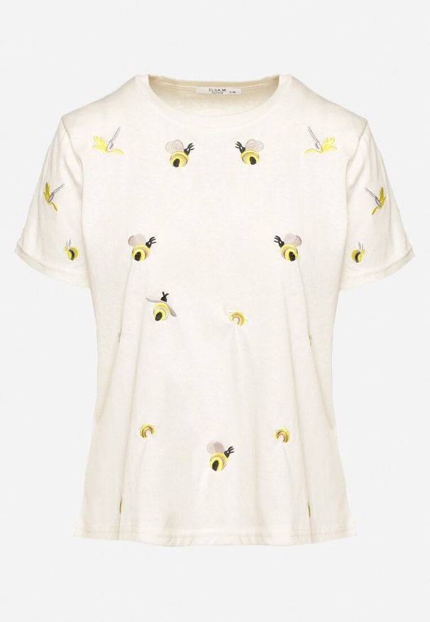 Born2be - Beżowy T-shirt z Bawełny Ozdobiony Haftem Hiraviel. Okazja: na co dzień. Kolor: beżowy. Materiał: bawełna. Wzór: aplikacja, haft. Styl: casual