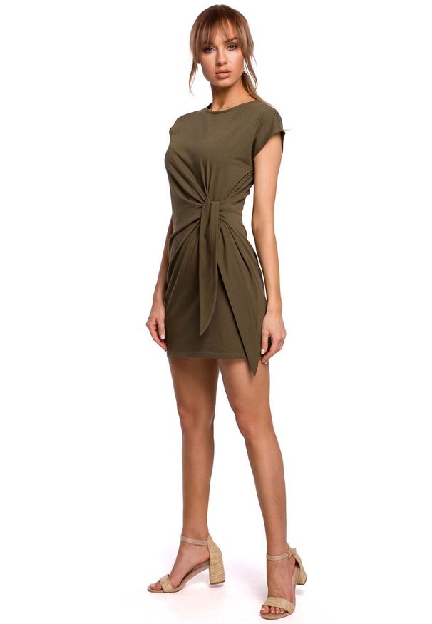 MOE - Prosta Mini Sukienka z Supłem - Khaki. Kolor: brązowy. Materiał: elastan, bawełna. Typ sukienki: proste. Długość: mini