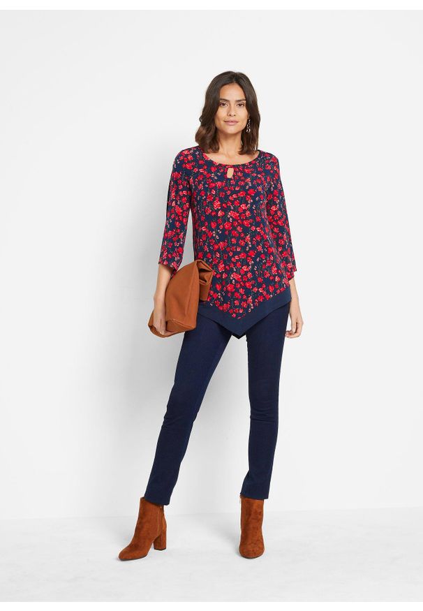 bonprix - Tunika koszulowa. Typ kołnierza: dekolt w serek. Kolor: niebieski. Styl: klasyczny