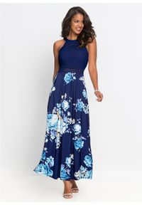 Długa sukienka z kwiatowym nadrukiem i koronką bonprix ciemnoniebiesko-lila-jasnoróżowy. Kolor: niebieski. Materiał: koronka. Wzór: nadruk, kwiaty, koronka. Długość: maxi #2