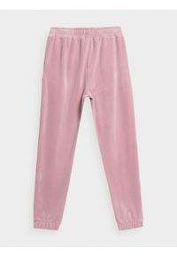 4f - Welurowe spodnie dresowe joggery dziewczęce. Okazja: na co dzień. Kolor: różowy. Materiał: welur, dresówka. Wzór: nadruk. Styl: casual