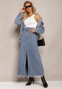 Renee - Niebieska Postrzępiona Spódnica Maxi z Jeansu z Rozcięciem Feedi. Stan: podwyższony. Kolor: niebieski. Materiał: jeans #1