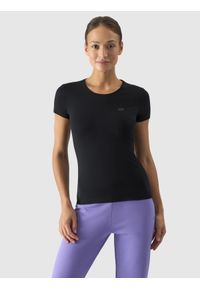 4f - T-shirt slim gładki damski - czarny. Okazja: na co dzień. Kolor: czarny. Materiał: elastan, dzianina, jersey, materiał, bawełna. Wzór: gładki. Styl: casual, sportowy