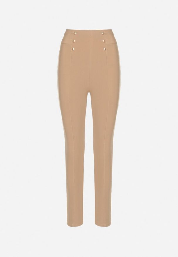Born2be - Beżowe Bawełniane Legginsy z Wysokim Stanem i Ozdobnymi Guzikami Rielina. Stan: podwyższony. Kolor: beżowy. Materiał: bawełna. Styl: elegancki