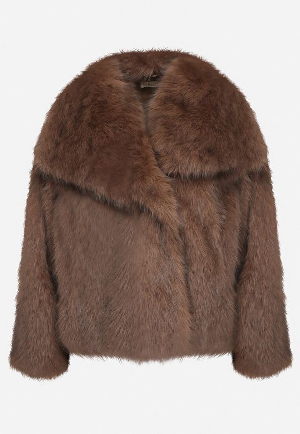 Born2be - Brązowa Futrzana Kurtka z Szerokim Kołnierzem Merionnie. Kolor: brązowy. Materiał: futro. Styl: elegancki