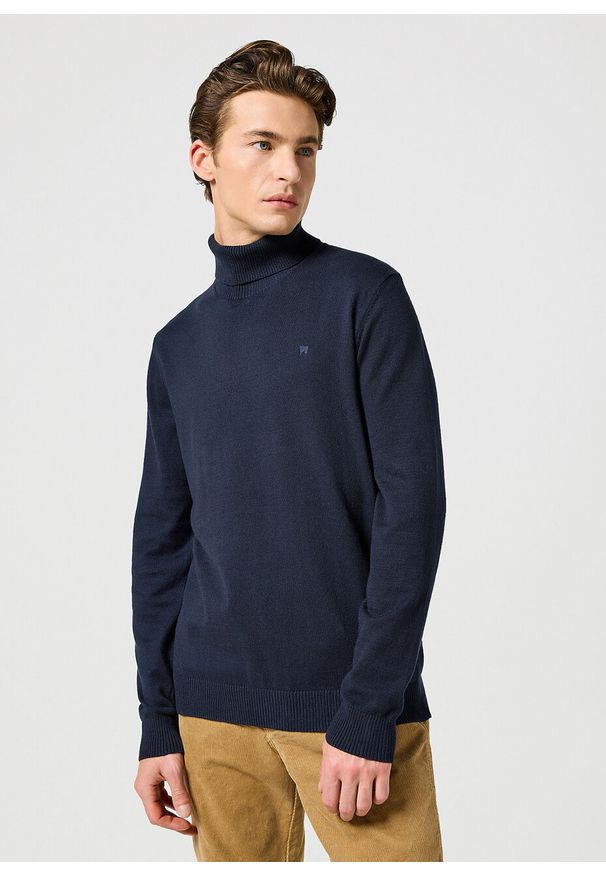 Wrangler - WRANGLER MĘSKA BLUZA TURTLENECK DARK NAVY 112357296 W8D8008616. Okazja: na co dzień. Materiał: wełna, nylon, bawełna, materiał. Długość rękawa: długi rękaw. Długość: długie. Styl: casual, elegancki