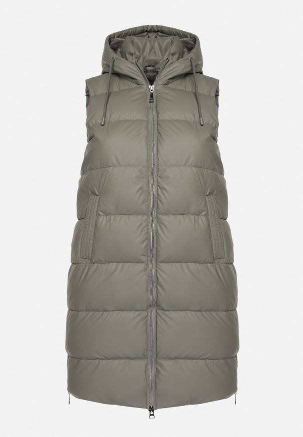 Born2be - Ciemnoszara Pikowana Kamizelka z Kapturem na Suwak i Napy Timella. Okazja: na co dzień, na spacer. Typ kołnierza: kaptur. Kolekcja: plus size. Kolor: szary. Materiał: jeans. Wzór: aplikacja. Styl: klasyczny, elegancki, casual