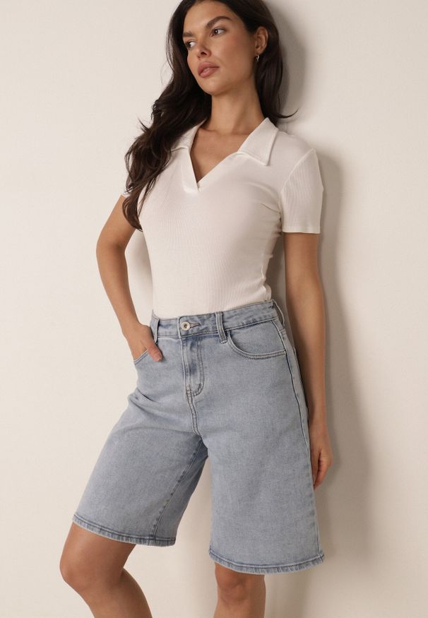 Born2be - Jasnoniebieskie Jeansowe Szorty Casual Bermudy z Wysokim Stanem z Bawełny Metithe. Okazja: na co dzień. Stan: podwyższony. Kolor: niebieski. Materiał: jeans, bawełna. Długość: długie. Sezon: lato. Styl: casual