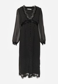 Renee - Czarna Sukienka w Kropki Ozdobiona Koronką i Przezroczystymi Rękawami Neanirae. Typ kołnierza: dekolt w kształcie V. Kolor: czarny. Materiał: koronka. Wzór: kropki, aplikacja, koronka. Sezon: wiosna. Styl: klasyczny #7