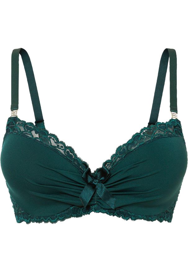 bonprix - Biustonosz z usztywnianymi miseczkami z poliamidu z recyklingu. Kolor: zielony. Materiał: satyna, koronka, poliamid. Wzór: koronka, aplikacja, paski
