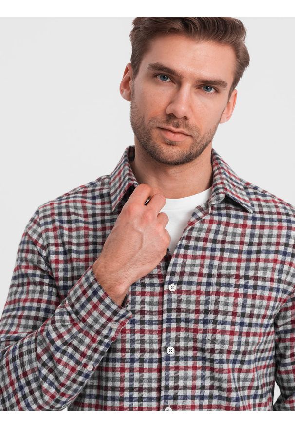 Ombre Clothing - Męska flanelowa koszula w kratę - granatowo-czerwona V3 - Rozmiar: M. Kolor: czerwony. Materiał: bawełna. Styl: klasyczny