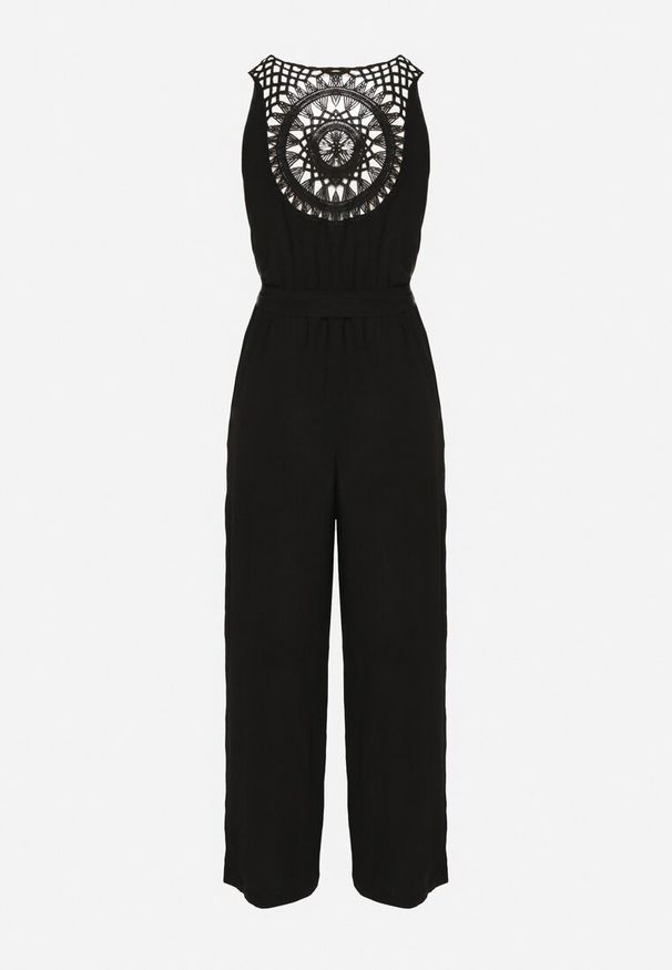 Born2be - Czarny Kopertowy Kombinezon z Ażurowym Tyłem i Szerokimi Nogawkami Marilna. Okazja: na co dzień. Kolor: czarny. Długość rękawa: na ramiączkach. Wzór: ażurowy. Styl: casual