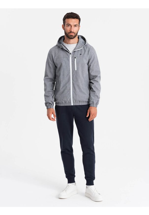 Ombre Clothing - Lekka sportowa męska kurtka z polarową podszewką – szara V3 OM-JANP-0136 - XXL. Typ kołnierza: kołnierzyk stójkowy. Kolor: szary. Materiał: polar. Wzór: melanż, aplikacja, nadruk, ze splotem. Styl: sportowy