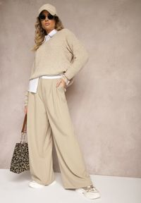 Renee - Beżowe Spodnie z Wiskozy Palazzo High Waist Zapinane na Suwak Nellieva. Okazja: na co dzień. Stan: podwyższony. Kolor: beżowy. Materiał: wiskoza. Styl: casual